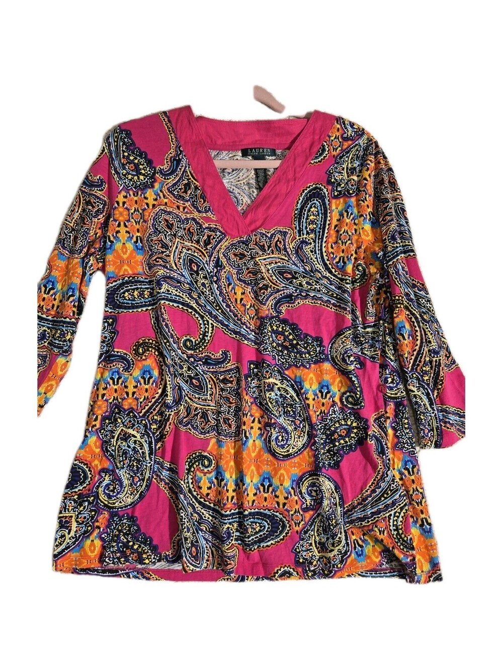 lauren ralph lauren women's shirt Sz XL 💯 linen Paisley Pink Boho Hippy Cottage